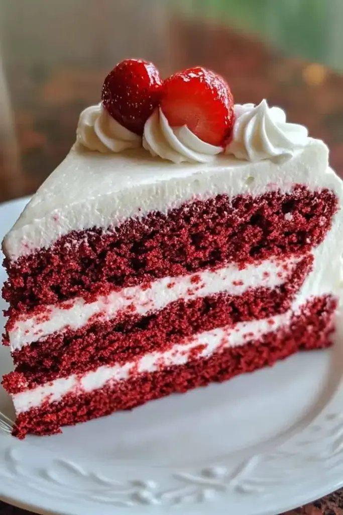 A slice of homemade red velvet cake with three layers of fluffy red sponge, smooth cream cheese frosting, and topped with fresh strawberries and piped cream.