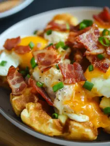 Close-up of crispy bacon, egg, and cheese breakfast totchos topped with melted cheddar, fried eggs, and chopped green onions on a white plate.