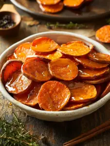 A rustic ceramic bowl filled with round slices of baked candied yams, glazed with a shiny brown sugar and cinnamon syrup, placed on a wooden table with rosemary and cinnamon sticks nearby.