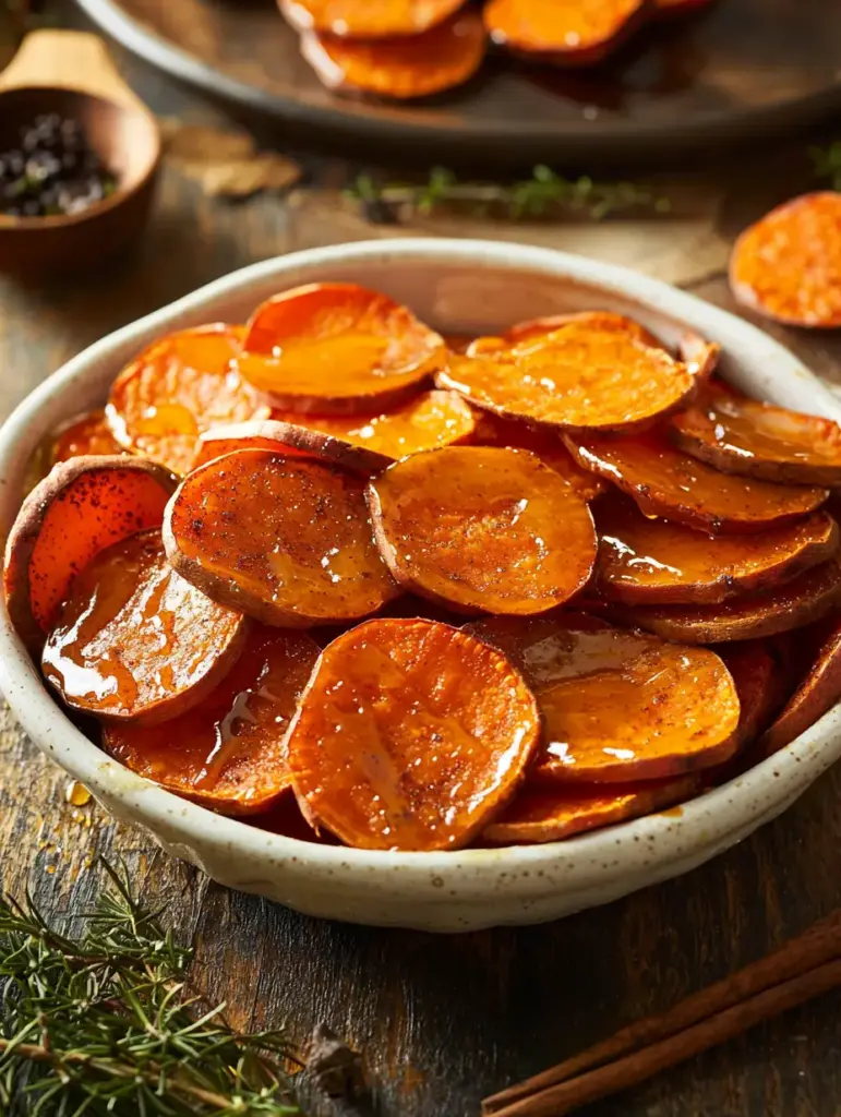 A rustic ceramic bowl filled with round slices of baked candied yams, glazed with a shiny brown sugar and cinnamon syrup, placed on a wooden table with rosemary and cinnamon sticks nearby.