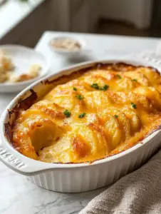 Golden-baked cheesy scalloped potatoes in a white ceramic dish, layered with tender slices of potatoes and melted cheese, garnished with parsley.