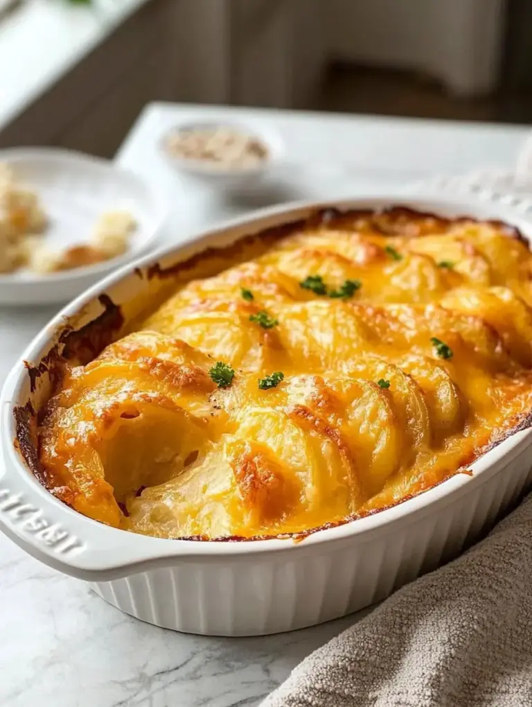 Golden-baked cheesy scalloped potatoes in a white ceramic dish, layered with tender slices of potatoes and melted cheese, garnished with parsley.