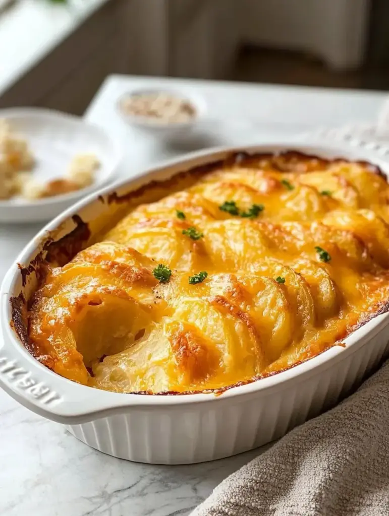 Golden-baked cheesy scalloped potatoes in a white ceramic dish, layered with tender slices of potatoes and melted cheese, garnished with parsley.