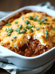 Cheesy Sloppy Joe Casserole in a white baking dish, topped with melted cheddar cheese and chopped green onions, with a hearty beef and tomato filling underneath.