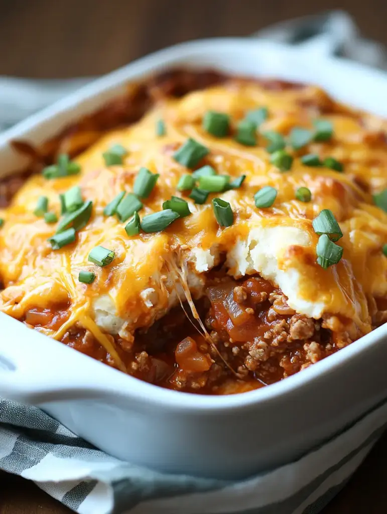 Cheesy Sloppy Joe Casserole in a white baking dish, topped with melted cheddar cheese and chopped green onions, with a hearty beef and tomato filling underneath.