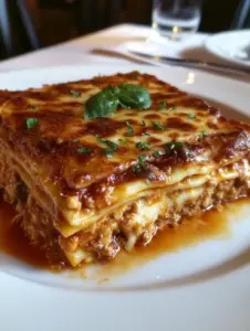 A close-up of a classic Italian lasagna slice served on a white plate, showcasing golden melted cheese, meat sauce layers, and fresh basil garnish.