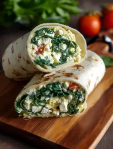 Close-up of a homemade Starbucks-style spinach, egg white, and feta wrap cut in half, showing creamy feta, sautéed spinach, and fluffy eggs inside a toasted whole wheat tortilla, served on a wooden board with fresh tomatoes in the background.