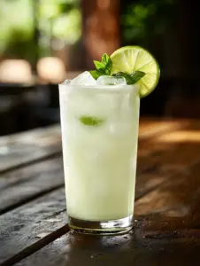 A tall glass of creamy Brazilian Lemonade with ice, garnished with a fresh lime wheel and mint sprig, sitting on a rustic wooden table in soft natural light.
