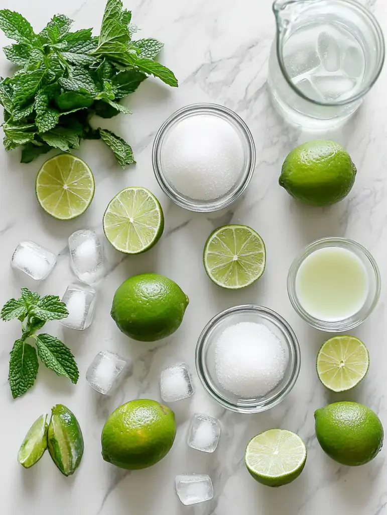 Flat lay photo of ingredients for Brazilian Lemonade on a marble surface, including fresh limes (halved and whole), sugar in glass bowls, mint leaves, ice cubes, and a jug of water.