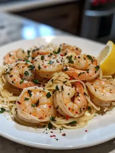 A white plate filled with spaghetti topped with garlic butter shrimp, red pepper flakes, and chopped parsley, garnished with grated parmesan and a lemon wedge.