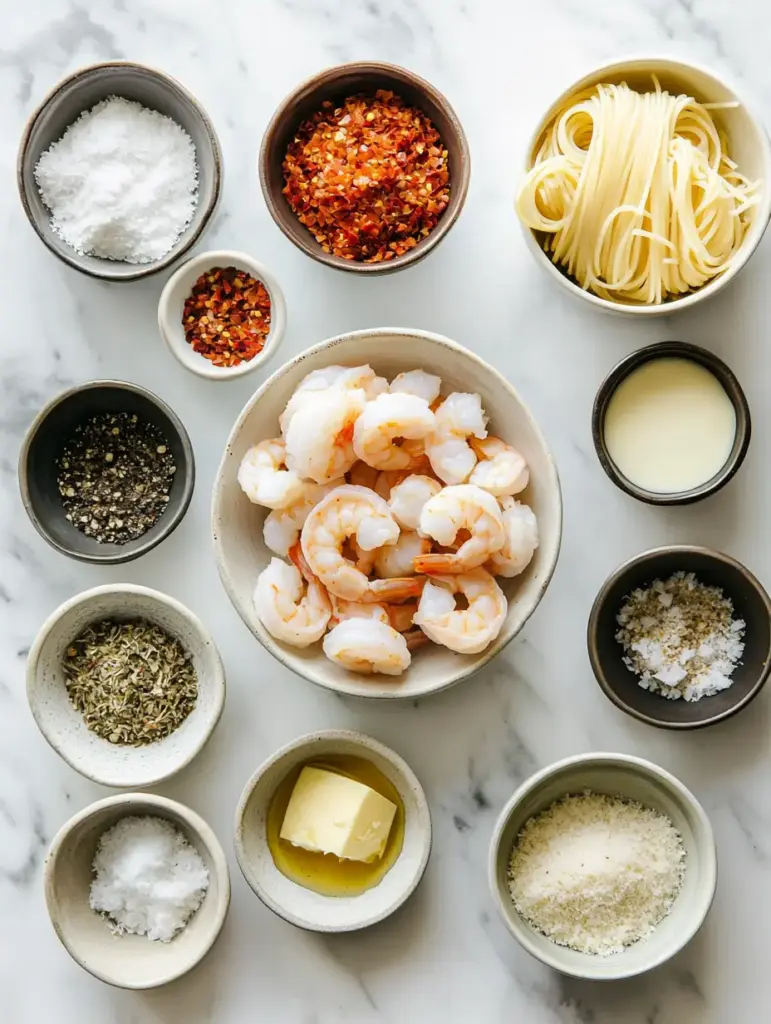 Flat-lay of shrimp pasta ingredients on a white marble background, including raw shrimp, butter, olive oil, pasta, crushed red pepper, black pepper, salt, parmesan, and garlic.