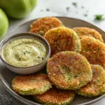 Crispy fried green tomato slices on a ceramic plate with a bowl of creamy remoulade dipping sauce, served on a white marble kitchen table with whole green tomatoes in the background.