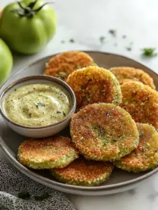 Crispy fried green tomato slices on a ceramic plate with a bowl of creamy remoulade dipping sauce, served on a white marble kitchen table with whole green tomatoes in the background.