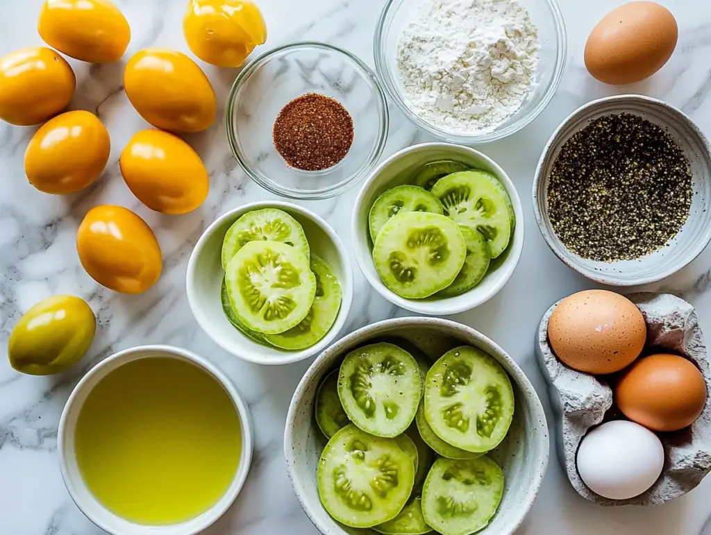 Overhead view of sliced green tomatoes, cornmeal, flour, eggs, black pepper, oil, and seasonings arranged neatly on a white marble surface—ingredients for Southern fried green tomatoes.