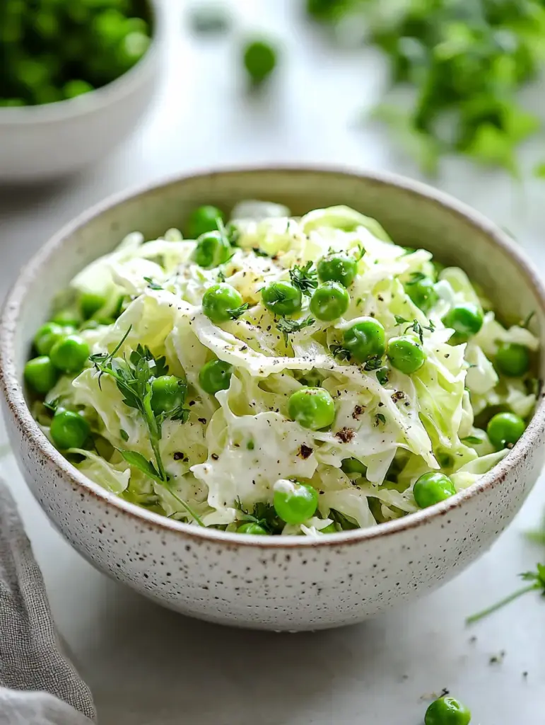 A rustic ceramic bowl filled with creamy cabbage and green pea salad, garnished with fresh herbs and cracked black pepper, styled on a light surface with scattered peas and herbs in the background.