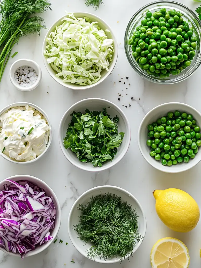 Overhead view of bowls filled with shredded green and red cabbage, green peas, fresh dill, parsley, lemon, and a bowl of mayonnaise on a white marble surface, styled neatly with scattered herbs and peppercorns.