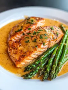 Garlic butter salmon fillets served with roasted asparagus and a rich butter sauce, garnished with fresh parsley.