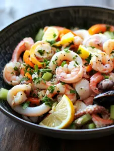 A vibrant bowl of Italian seafood salad (Insalata di Mare) featuring shrimp, calamari, octopus, celery, bell peppers, and lemon wedges, garnished with fresh parsley.