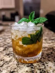 A close-up of a classic Mint Julep cocktail in a glass filled with crushed ice, garnished with fresh mint sprigs, served on a granite countertop.