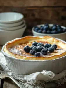 A golden-brown pancake casserole baked in a white ceramic dish, topped with fresh blueberries and powdered sugar, with stacked bowls in the background on a rustic table.