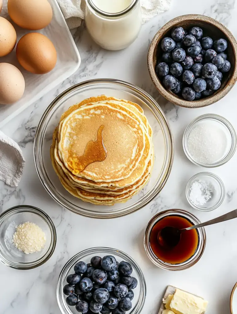 Overhead view of pancake casserole ingredients including stacked pancakes, fresh blueberries, eggs, milk, syrup, butter, sugar, and salt on a white marble surface.