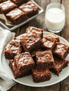 A stack of fudgy 3-ingredient Nutella brownies with crackly tops on a white plate, next to a glass of milk on a rustic wooden table.