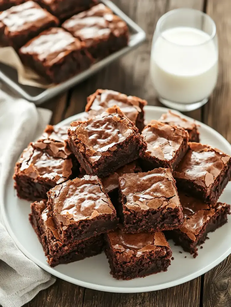 A stack of fudgy 3-ingredient Nutella brownies with crackly tops on a white plate, next to a glass of milk on a rustic wooden table.