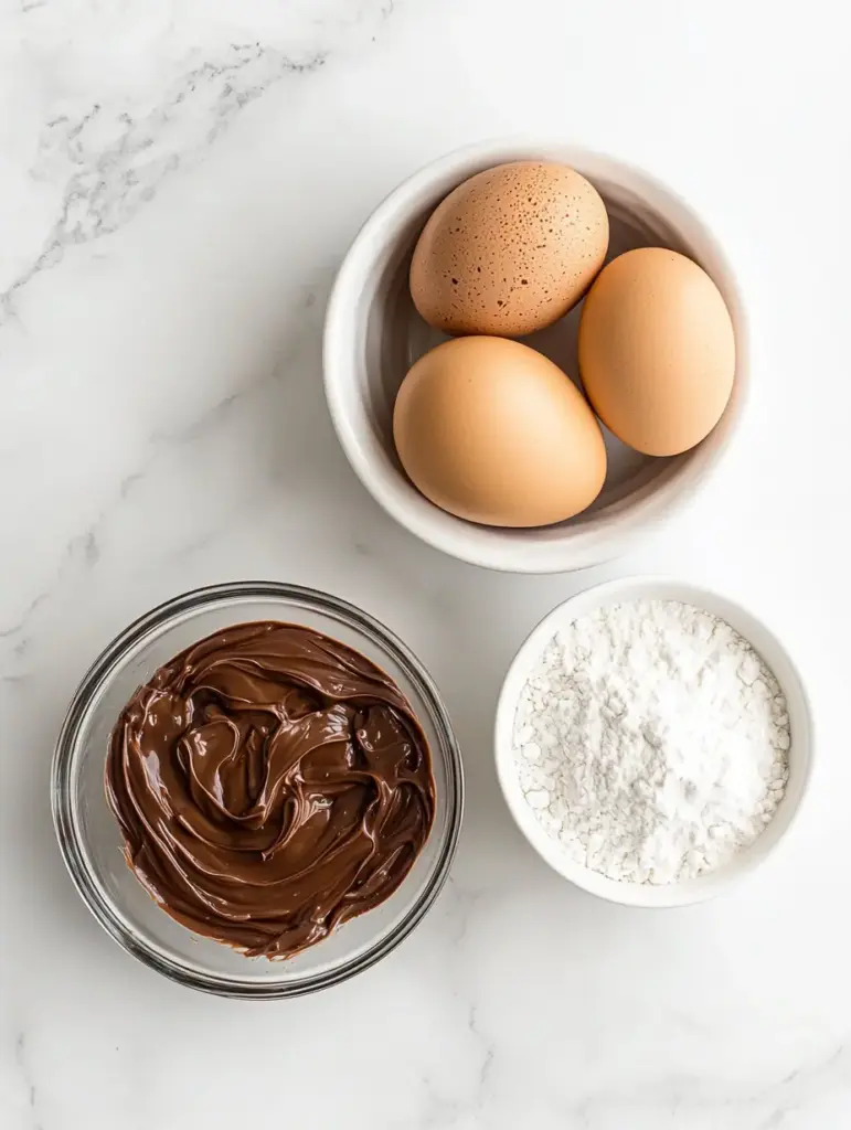 Top-down view of three eggs in a bowl, a glass bowl of Nutella, and a bowl of flour on a white marble surface – ingredients for 3-ingredient Nutella brownies.