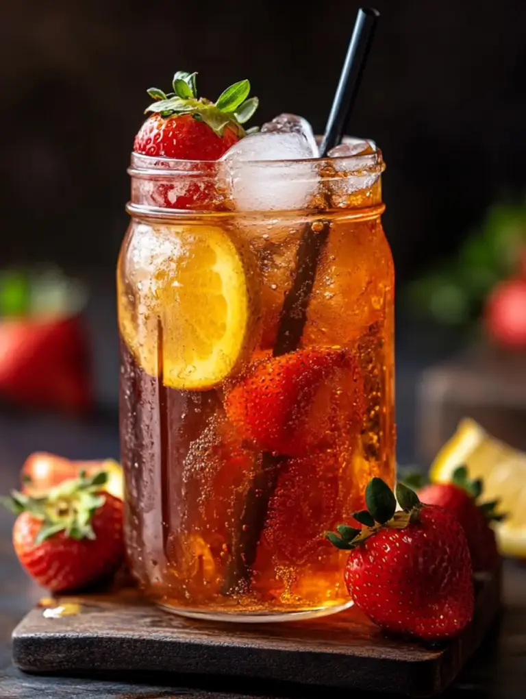 A mason jar filled with iced Southern strawberry sweet tea, garnished with fresh strawberries and lemon slices, served with a black straw on a rustic wooden board.
