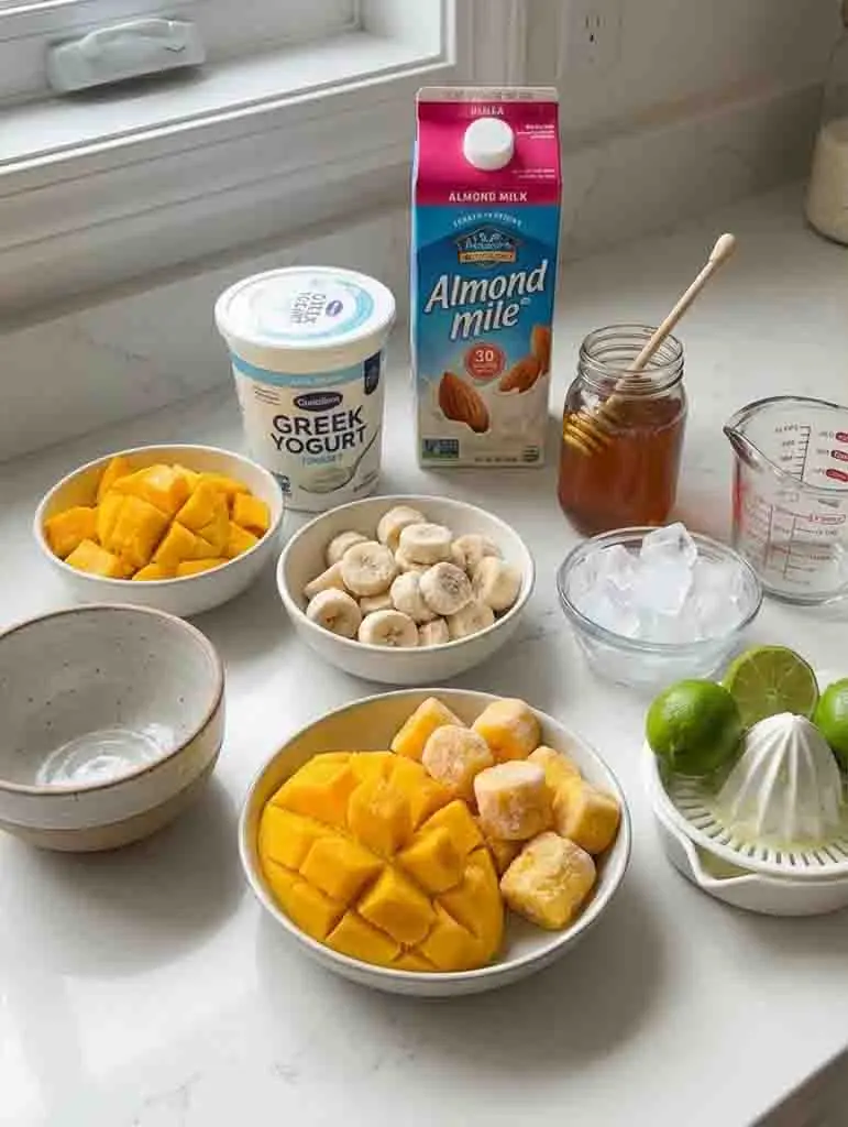Mango Smoothie Magic ingredients including fresh mango, banana, Greek yogurt, almond milk, honey, ice, and lime on kitchen counter