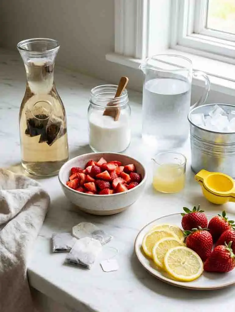 Southern strawberry sweet tea ingredients including fresh strawberries, lemon slices, black tea bags, sugar, and ice on a kitchen countertop